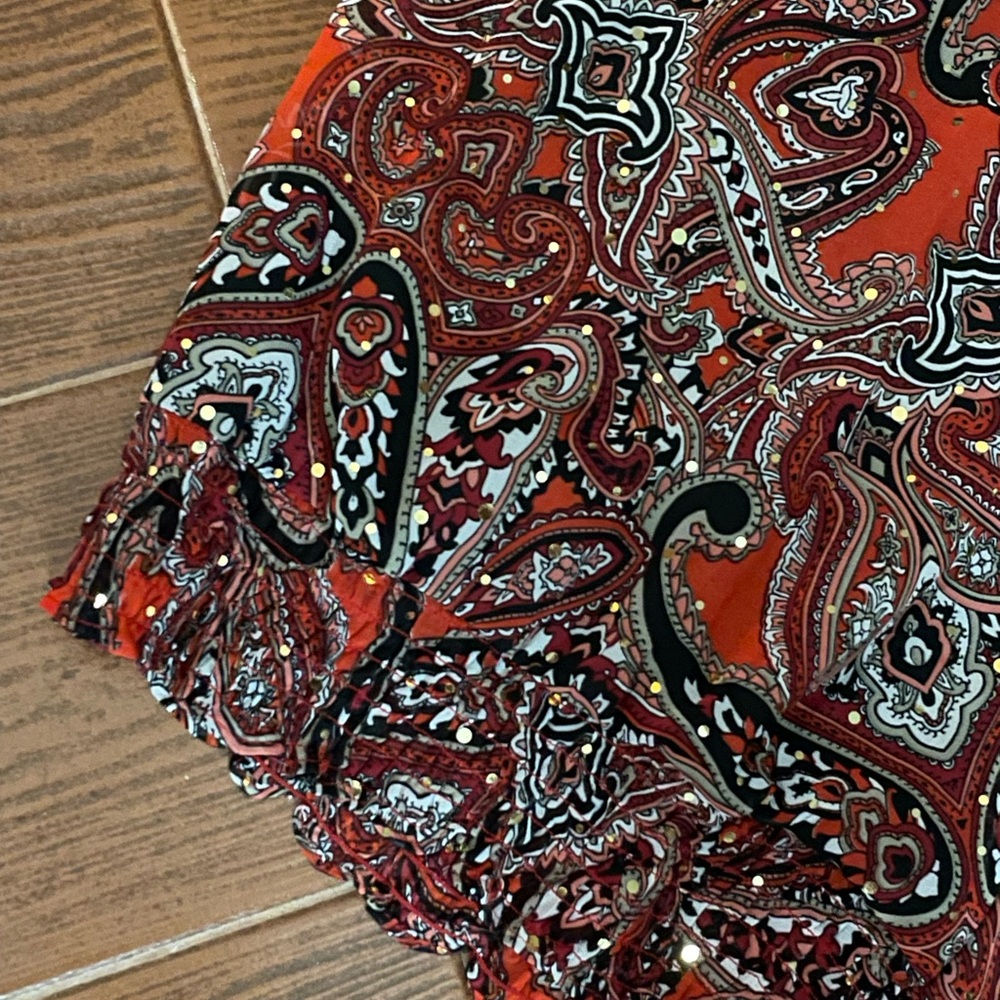 Cathy Daniels Gold bling Red Paisley blouse Scoop Neck quarter Sleeve Size Large - Picture 5 of 16